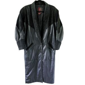 Black Leather Duster Trench Coat Womens M Global Identity G-III Alligator Print